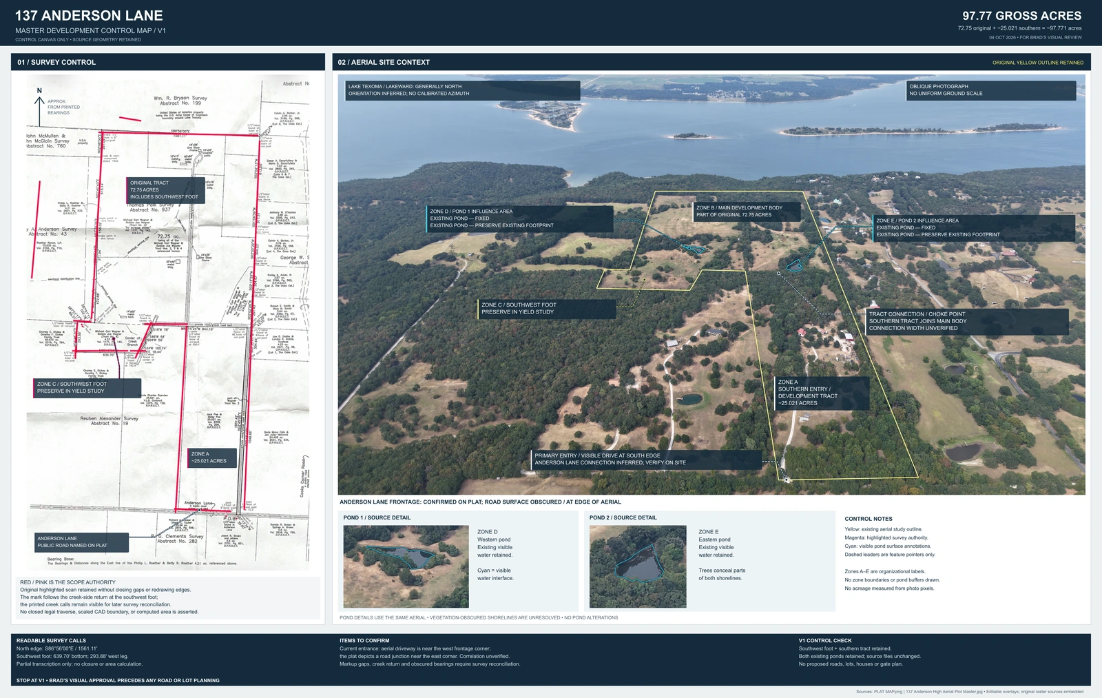 Master control map comparing source information, original and acquisition tracts, southwest foot and Anderson Lane access