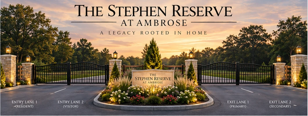The Stephen Reserve at Ambrose entrance concept, with stone columns, black iron gates and a landscaped monument island