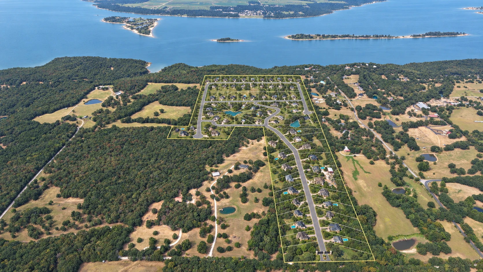 Final conceptual aerial of 72 homesites, the entrance road, preserved ponds and the Lake Texoma setting
