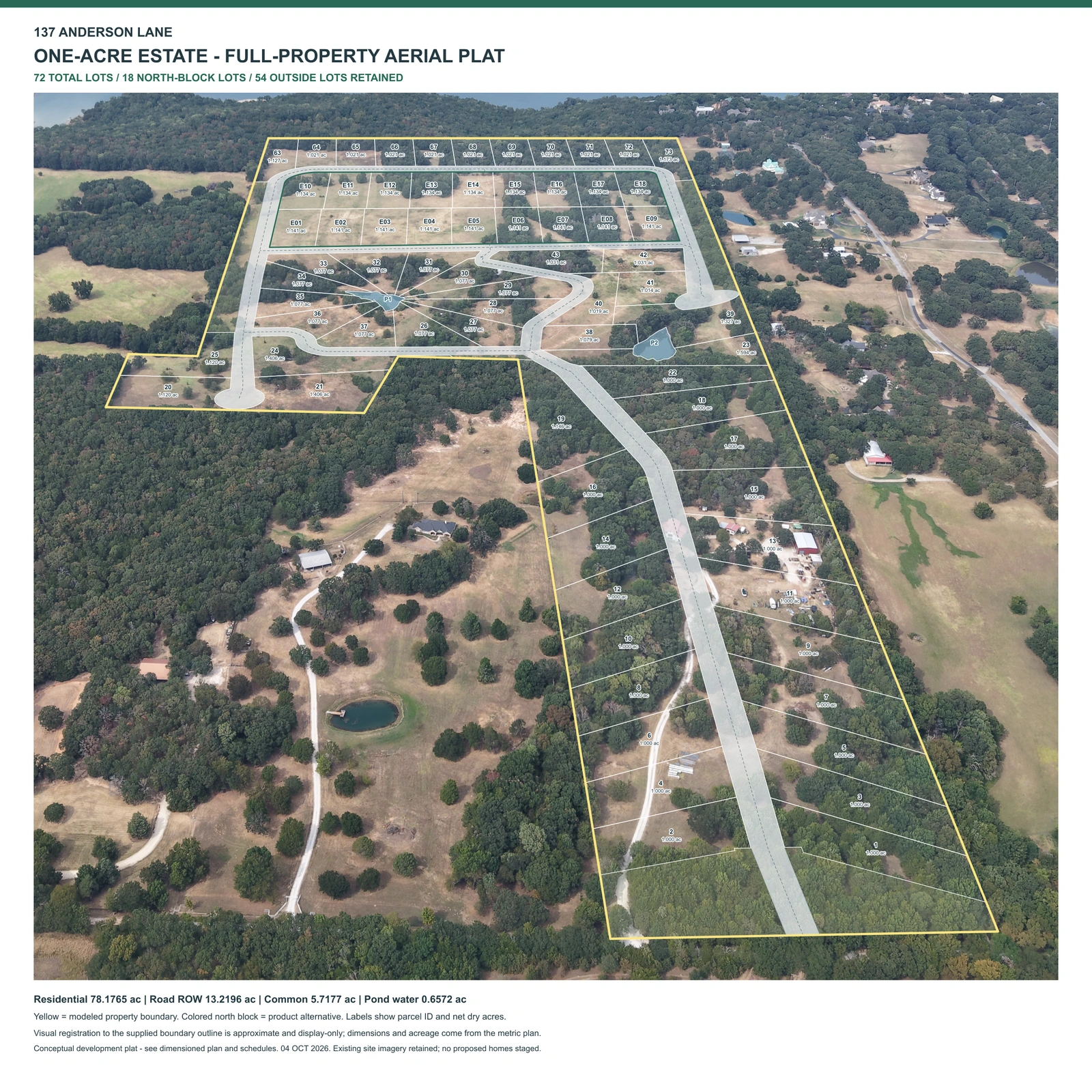 Final V3.3 one-acre full-property aerial plat showing 72 lots including 18 north-block estate lots and 54 retained lots